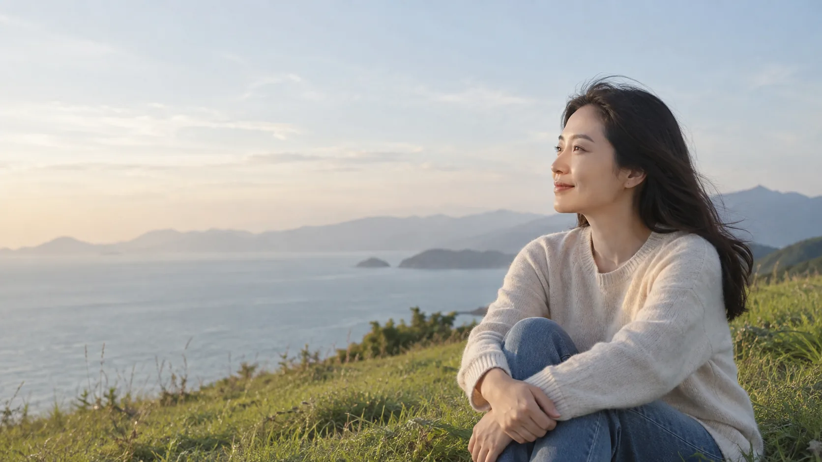 海岸边安静远望的女性，AI生成场景示意