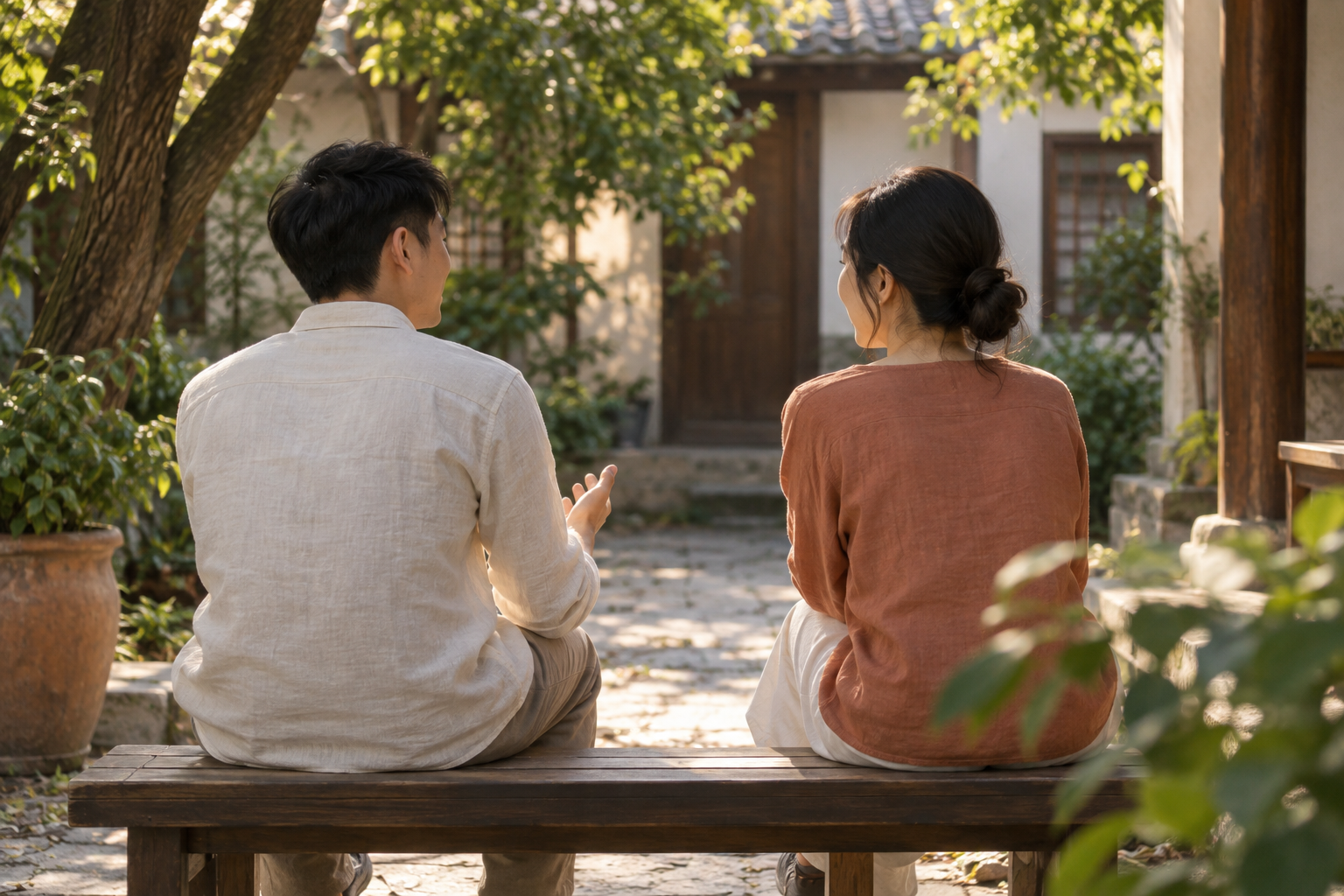 两位成年人背对镜头在庭院并肩交流,AI生成场景示意,非真实咨询记录